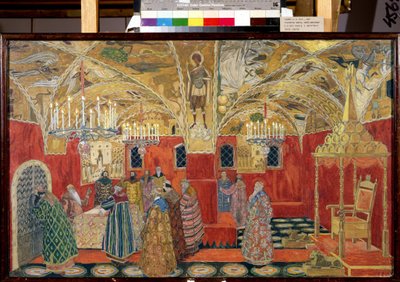 I Kreml. Forberedende tegning til operaen Boris Godunov af Modeste Mussorgsky (1839-1881) (I Kreml. Scenografi til operaen Boris Godunov af M. Mussorgsky). Værk af Alexander Yakovlevich Golovin (Alexander Golovin) (1863-1930), akvarel og af Aleksandr Jakovlevic Golovin