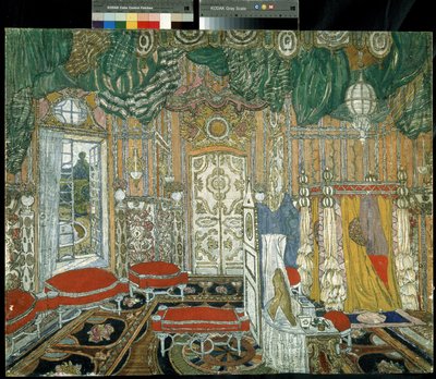 Forberedende indretning til teaterstykket Figaros bryllup af Pierre Augustin Caron de Beaumarchais (1732-1799) (Scenedesign til teaterstykket Figaros bryllup af P. de Beaumarchais). Maleri af Alexander Yakovlevich Golovin (Alexander Gol af Aleksandr Jakovlevic Golovin