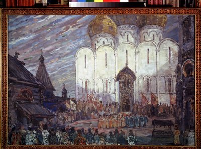 Forberedende indretning til operaen ""Boris Godunov"" af Modeste Mussorgsky (1839-1881) (Scenedesign til operaen Boris Godunov, af M. Moussorgsky). Værk af Alexander Yakovlevich Golovin (Alexander Golovin) (1863-1930), gouache på pap af Aleksandr Jakovlevic Golovin