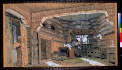 Forberedende scene til operaen Pskov Jomfruen af ​​N.Rimsky Korsakov (Rimsky-Korsakov) (1844-1908). Beskrivelse af det indre af en af Aleksandr Jakovlevic Golovin