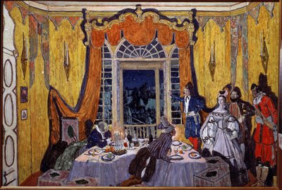 Forberedende indretning til operaen ""Le guest de pierre"" af Alexandre Dargomyjski (1813-1869) (Scenedesign til operaen Stengæsten, af A. Dargomyzhsky). Maleri af Alexander Yakovlevich Golovin (Alexander Golovin) (1863-1930), olie på træ af Aleksandr Jakovlevic Golovin