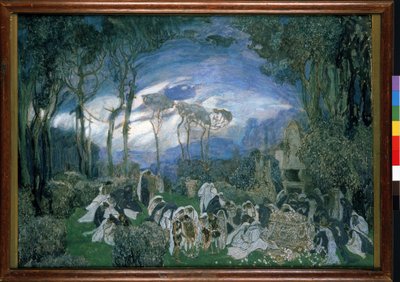 Forberedende indretning til operaen Orpheo et Eurydice, af Christoph Willibald Gluck (1714-1787) (Scenedesign til operaen Orpheo og Euridice af Ch. Gluck). Værk af Alexander Yakovlevich Golovin (Alexandre Golovine) (1863-1930), gouache og pastel på lærred af Aleksandr Jakovlevic Golovin