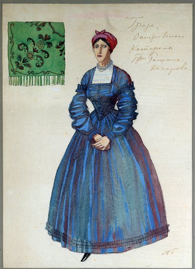 Kostumedesign til stykket Stormen af ​​Alexandre Ostrovski (1823-1886) (Kostumedesign til stykket Stormen af ​​A.Ostrovsky). Værk af Alexander Yakovlevich Golovin (Alexander Golovin) (1863-1930), blyant, blæk, akvarel, gouache og guld på papir af Aleksandr Jakovlevic Golovin