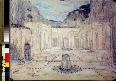 Scenografi til tragedien Antigone efter Sofokles (496 f.Kr.-406 f.Kr.) (Scenedesign til tragedien Antigone efter Sofokles). En offentlig plads omgivet af antikke bygninger, beliggende i et bjerglandskab. Alexanders arbejde af Aleksandr Jakovlevic Golovin