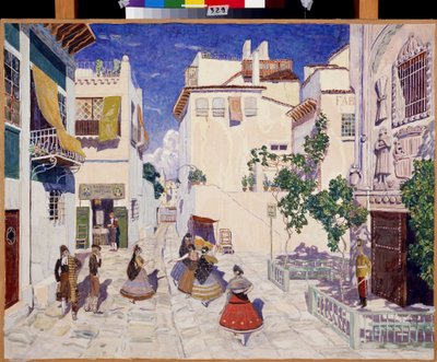 Une rue a Sevilla (Spanien), Dekoration til operaen Carmen af ​​Georges Bizet (1838-1875) (En gade i Sevilla, Scenografi til operaen Carmen af ​​G.Bizet). Værk af Alexander Yakovlevich Golovin (Alexander Golovin) (1863-1930), tempera på papir af Aleksandr Jakovlevic Golovin
