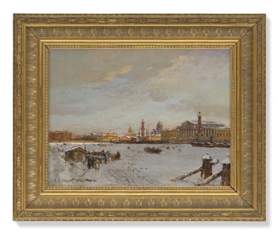 Udsigt over det frosne Neva, Rostral-søjlerne, St. Isaac