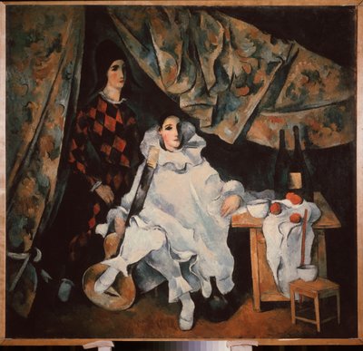 Cyrano-jongleringsbrødrene. (i Pjerrot og Harlekin-dragt). Maleri af Alexander Vasilyevich Shevchenko (Alexander Shevchenko) (1883-1948), olie på lærred af Aleksandr Vasilievich Shevchenko
