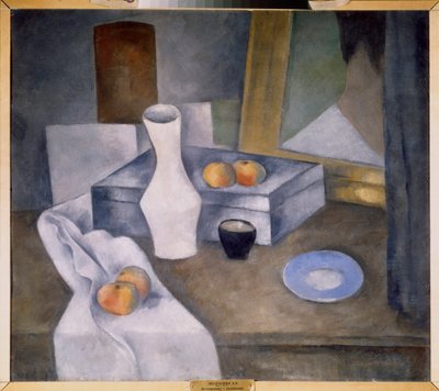 Stilleben med æbler og blå underkop (Stilleben med æbler og blå underkop) - Værk af Alexander Vasilyevich Shevchenko (Alexandre Chevtchenko) (1883-1948), olie på pap, ca. 1910 - Russisk kunst, 20. århundrede, avantgarde - Statsrussisk Museum, S af Aleksandr Vasilievich Shevchenko