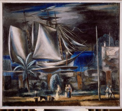 Port marin, la nuit (Et højt skib fortøjer ved Sortehavet) - Havn om natten - Maleri af Alexander Vasilyevich Shevchenko (Alexander Shevchenko) (1883-1948), olie på lærred af Aleksandr Vasilievich Shevchenko