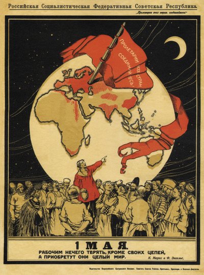 Den 1. maj. Arbejdere har intet at tabe, men de har hele verden at vinde - Apsit, Alexander Petrovich (1880-1944) - 1919 - Farvelitografi - 95x71 - Russisk Statsbibliotek, Moskva af Aleksandrs Apsit