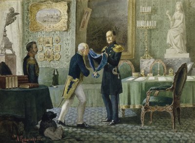 Kejser Nicholas I tildeler det blå bånd af St. Andrews Orden til grev Michail Speransky, 1880 af Aleksei Danilovich Kivshenko