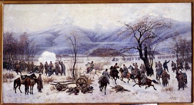 Russisk-tyrkisk (russisk-tyrkisk) krig (1877-1878): Det fjerde slag ved Shipka-passet i Bulgarien fra 5. til 9. januar 1878 (Det fjerde slag ved Shipka-passet). Maleri af Alexei Danilovich Kivshenko (1851-1895) af Aleksei Danilovich Kivshenko