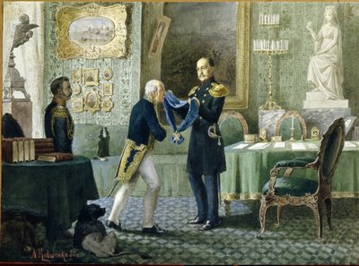 Kejser Nicholas I af Rusland (1796-1855) overrækker det blå bånd af Sankt Andres orden til grev Mikhail Speranski (1772-1839). (Kejser Nicholas I tildeler det blå bånd af St. Andrews orden til grev Michail Speransky). Værk af Alexei Danilovich af Aleksei Danilovich Kivshenko