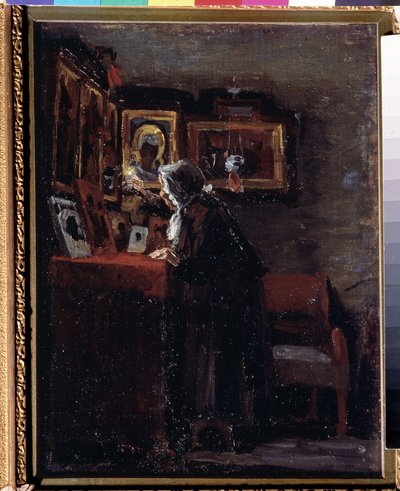 Før en religiøs fest (Før en religiøs fest) - Maleri af Aleksei Fyodorovich Afanasyev (Alexis Afanasyev) (1850-1920) - Olie på lærred, 41 x 31,5 cm af Aleksei Fyodorovich Afanasyev