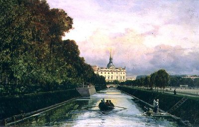 Udsigt over Lebyazhyeva-kanalen mod Mikhailovsky-paladset, Skt. Petersborg (olie på panel) af Aleksei Petrovich Bogolyubov