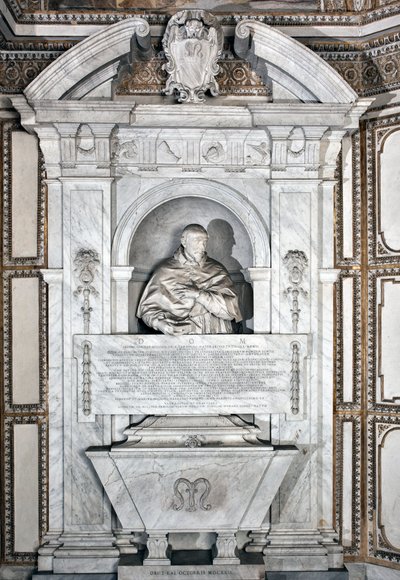Begravelsesmonument til hyldest til kardinal Giovanni Garcia Mellini med portræt i buste Marmorskulptur af Alesssandro Algardi (1598-1654) 1630 omkring Rom-basilikaen Santa Maria del Popolo, Cappella Mellini af Alessandro Algardi