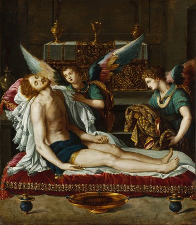 Le Corps du Christ oint par deux anges - Kristi legeme salvet af to engle - Allori, Alessandro (1535-1607) - ca 1593 - Olie på kobber - 45x39 - Szepmuveszeti Muzeum, Budapest af Alessandro Allori