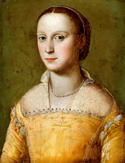 Portræt af Eleanora d"Este, halvlang, iført en guldkjole, af Alessandro Allori