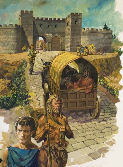 Vogn på vej ind i en befæstet by i det romerske Britannien (gouache på papir) af Alessandro Biffignandi