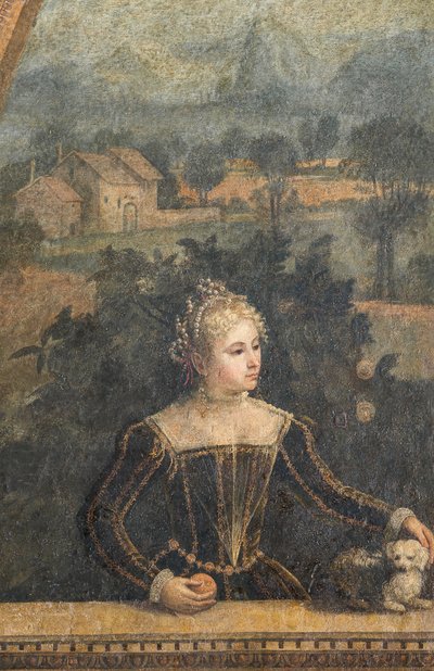 Portræt af en adelskvinde, detalje af de ædle damers lille værelse (olie på lærred limet til væggene) af Alessandro Bonvicino Moretto