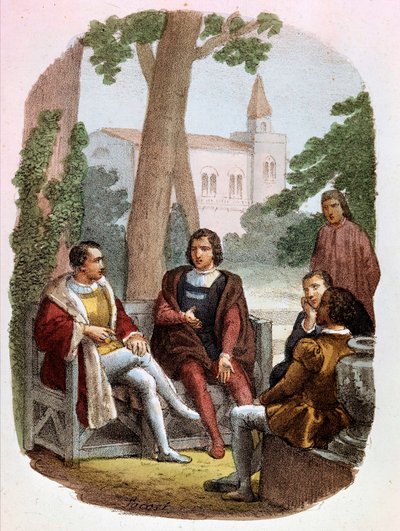 Fabrizio Colonna og Cosimo Rucellai diskuterer krigskunsten - i "" komplette værker af Niccolo Machiavelli "", illustration af Alessandro Focosi (1836 - 1869). "The Art of War" af Niccolo af Bernardo Dei Machiavelli (Nicolas Machiavel af Alessandro Focosi