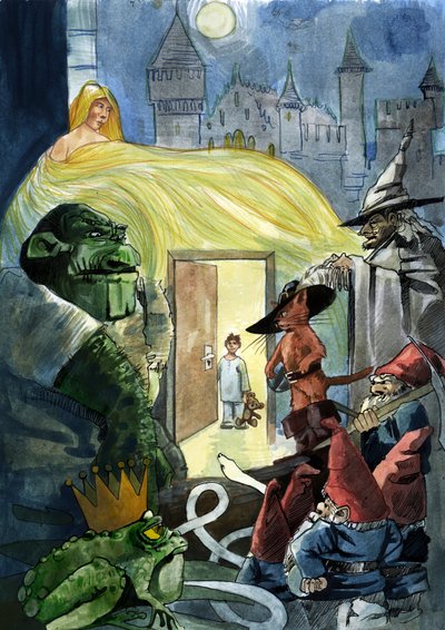 Et barn, der stirrer på eventyrets karakterer som Pus i støvler, en prinsesse og en tudse, Seven Dwarfs af Alessandro Lonati