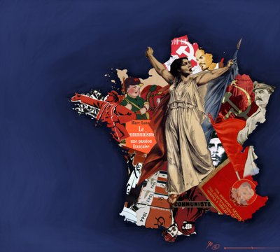 En mariana på baggrund af kommunistisk collage. Allegori over kommunismen i Frankrig. 2010 Farvetegning af Alessandro Lonati. af Alessandro Lonati