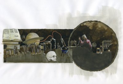 Alkymist i sit laboratorium omgivet af hætteglas og stillbilleder Illustration af Alessandro Lonati af Alessandro Lonati