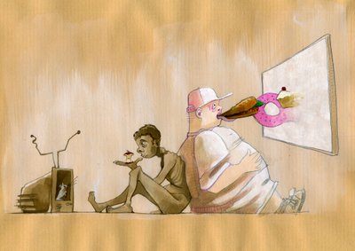 Allegorisk fremstilling af vores fælles samfund som et forbrugersamfund er overdrevet som en ung vestlig overvægtig, der sluger fastfood (junkfood) foran en kæmpe skærm, adosse en sultende mand, der desperat kigger på en æbleknop foran et fjernsyn af Alessandro Lonati