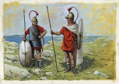 Oldtidens Grækenland: tureophore lejesoldat (Thureophoros eller Thureophoroi) (3.-1. århundrede f.Kr.) (højre) og Thorakites (Thorakitai) (venstre). Tegning af Alessandro Lonati af Alessandro Lonati
