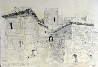 Middelalderens arkitektur: udsigt over voldene i en middelalderlig langobardisk by. Blyantskitse af Alessandro Lonati. af Alessandro Lonati
