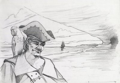 Caribisk pirat med papegøje på udkig efter en skat i en hule på en strand med galjon. Tegning af Alessandro Lonati. af Alessandro Lonati