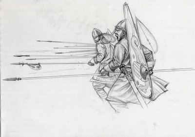 Angreb af normanniske krigere af infanteriet i slaget ved Hastings i 1066. Tegning af Alessandro Lonati. af Alessandro Lonati