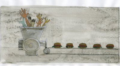 Forbrugersamfundet: produktion af junkfood, hamburger lavet med menneske- og dyrerester (forbrugerisme: produktion af junkfood, hamburger lavet med menneske- og dyrerester) Illustration af Alessandro Lonati af Alessandro Lonati