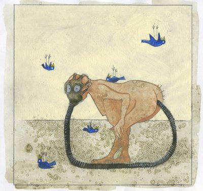 Økologi og luftforurening: metode til udrensning af luften, en mand indånder sine egne kropsgasser med en maske (økologi og af Alessandro Lonati