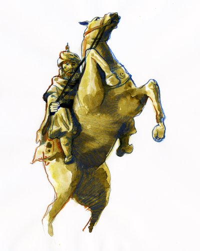 Rideportræt af Oqba ibn Nafi al Fihri (622-683) Arabisk general sendt til hovedet af muslimske arme af Muawiya, dvs. Uqba bin Nafe, uqba ibn al nafi, eller Oqba ibn nafi, uqba ibn nafi eller oqba iba. eller Akbaba arabisk general) tegning af Alessandro Lonati