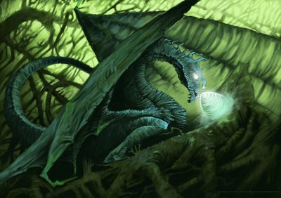 Fantastisk væsen: en drage, der beskytter sit æg. Illustration af Alesandro Lonati. 2010 af Alessandro Lonati