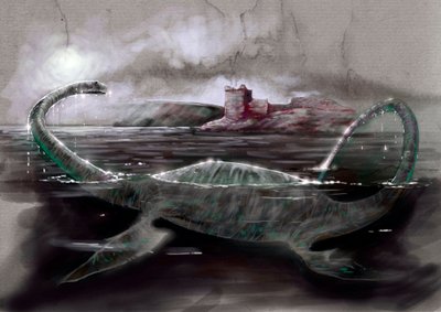Fantastiske monstre og væsner, kryptozoologi: repræsentation af Nessie, Loch Ness-uhyret i Skotland - Tegning af Alessandro Lonati, 2012 af Alessandro Lonati