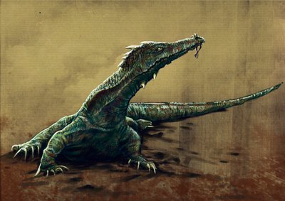 Fantastiske monstre og væsner, kryptozoologi: repræsentation af en buru, stor lezard, der ville være blevet set i det nordøstlige Indien - Tegning af Alessandro Lonati, 2012 af Alessandro Lonati