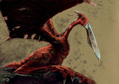 Fantastiske monstre og væsner, kryptozoologi: repræsentation af en kongamato, et flygtigt pterosaur-lignende væsen, der siges at være blevet set i Mwinilunga-distriktets Jiundu-sumpe i det vestlige Zambia - Tegning af Alessandro Lonati, 2012 af Alessandro Lonati