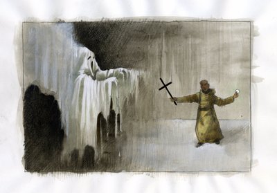 Kæmp mellem en munk, der holder et korsfik og en spøgelsesillustration af Alessandro Lonati af Alessandro Lonati