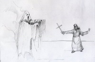Kamp mellem en munk med et krucifiks og et spøgelse Illustration af Alessandro Lonati af Alessandro Lonati