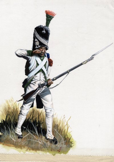 Første imperium (1804-1814 og 1815): Velite-soldat fra den store napoleonske hær i Italien åbner en patron. Tegning af Alessandro Lonati af Alessandro Lonati