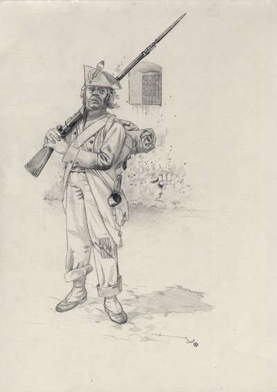 First Empire (1804-1814 eller 1815): soldat fra Napoleons hær, infanteristsoldat fra en brigade af ryttere i et fort. Tegning af Alessandro Lonati af Alessandro Lonati