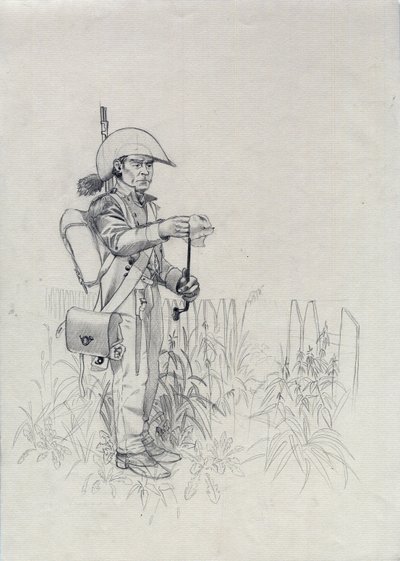 First Empire (1804-1814 eller 1815): soldat fra Napoleons hær, soldat infanterist jæger (infanterejæger). Tegning af Alessandro Lonati af Alessandro Lonati