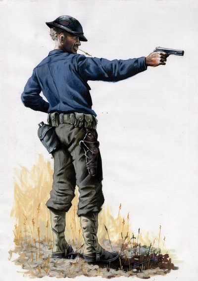 Første Verdenskrig 1914-1918: Amerikansk hær infanterist med en pistol i 1917 på vestfronten. Tegning af Alessandro Lonati af Alessandro Lonati