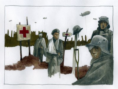 Første Verdenskrig: Gules-cases og krigssårede ved Røde Kors-redningsposten - 1914-1918 Illustration af Alessandro Lonati af Alessandro Lonati