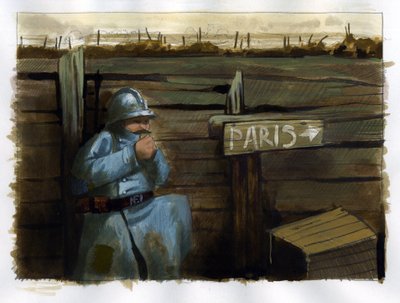 Første Verdenskrig: en behåret fransk hær nær et skilt, der indikerer Paris af Alessandro Lonati