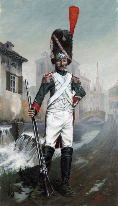 Første imperium (1804-1814 og 1815): Italienske grenadersoldater nær Milanos kanal med katedralen i baggrunden. Tegning af Alessandro Lonati af Alessandro Lonati