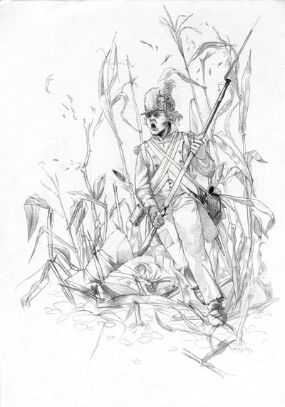 Første imperium (1804-1814 og 1815): soldat fra Napoleons hær, infanterist stormede gennem en majsmark med en såret kammerat. Tegning af Alessandro Lonati af Alessandro Lonati